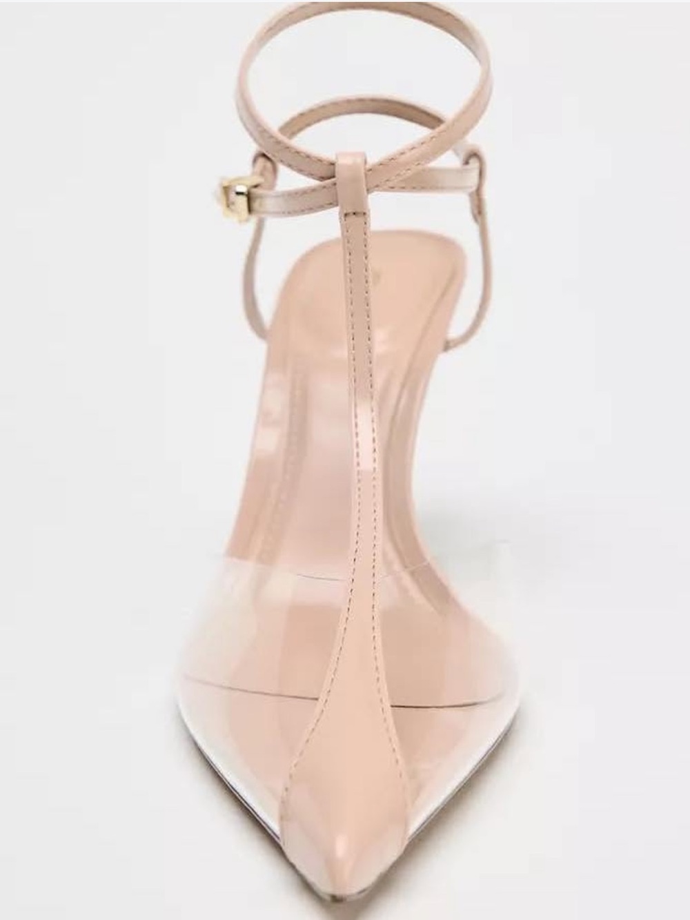 Zara T Strap Blush Nude Pointed Toe Ankle-Strap Heels with Clear Vamp Size 39 - Picture 6 of 11